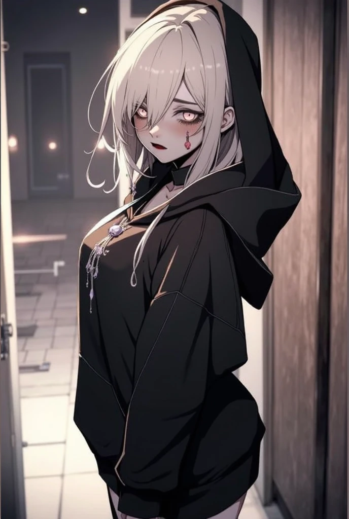 ((best quality)), ((highly detailed)), masterpiece, absurdres, (white hair with black bang),(detailed eyes, deep red eyes), (1girl), yandere trance, yandere, hands on own face, hands on own cheeks, shaded face, ((glowing eyes)), (upper body), hexmaniacms, ((@.@)), bags under eyes, ahoge, headband, black hair, pale skin, big breasts, , black clothes, (at a cafe, coffee, noon),
BREAK black hoodie, choker, hood, hoodie, pleated skirt, skirt, red skirt,
BREAK (masterpiece:1.2), best quality, high resolution, unity 8k wallpaper, (illustration:0.8), (beautiful detailed eyes:1.6), extremely detailed face, perfect lighting, extremely detailed CG, (perfect hands, perfect ???????),