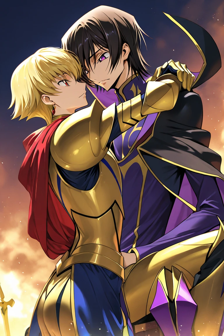 One tall buff male angel with blonde hair, wearing white and golden armor, is squished inbetween six small horny incubus demons in a cramped elevator. The Incubus demons mainly have pink or purple skin, wearing black revealing clothing. THERE MUST BE SIX INCUBUS DEMONS PUSHING AGAINST THE SINGULAR ANGEL. THE ANGEL SHOULD NOT LOOK LIKE THE ICUBUS DEMONS.