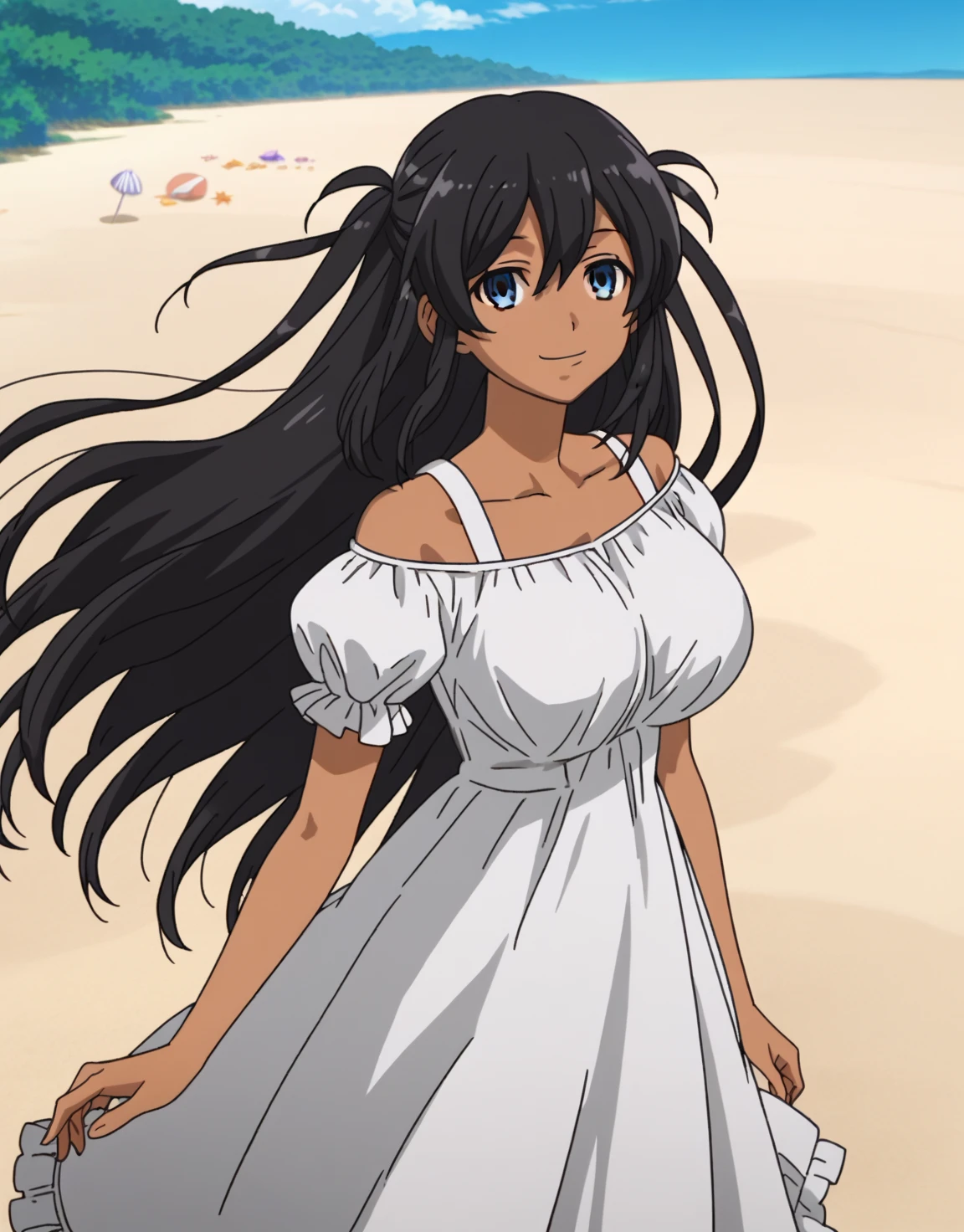 score_9, score_8_up, score_7_up, source_anime,(anime screencap:1.6,),anime coloring,1girl, solo, 
,mutou hana,1girl, solo, long hair,white sundress,outdoors, smile, large breasts, two side up, dark skin, looking at viewer, cowboy shot, wind, wind blowing hair, Beach, wind