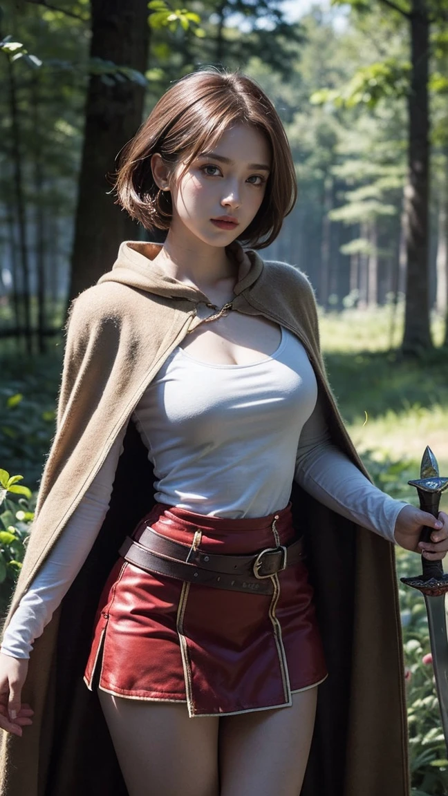 (topless), nsfw, masterpiece, 1 girl, erect nipples, nipples, navel, necklace, fur waist skirt, bare breasts, bare stomach, sweaty, small breasts, puffy nipples, bare arms, hands on waist, elbows, warrior, outdoors, brown hair, prehistoric, child, solo, celtic, holding weapon, looking up, spear, weapon