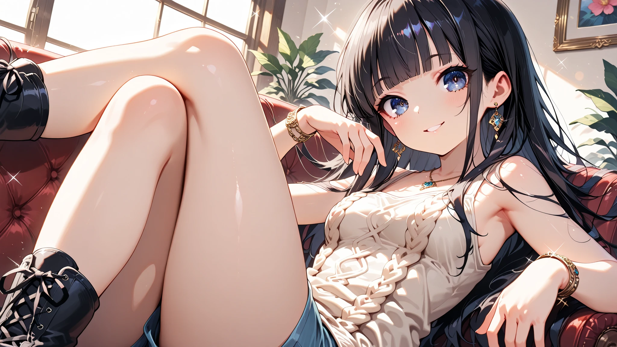 CG, Unity, 8k, wallpaper, Highest quality,sunlight、Perfect lighting、 masterpiece, (smile: 1.2), 1 high school girl、Black Hair、Curly Hair、blue eyes、Dark lips、Blue T-shirt、Off the shoulder、 BREAK Denim Shorts, barefoot, Thighs, Best lighting, Complex pupil, Intricate weaving, Detailed Background, Japanese countryside, bamboo forest、evening、sunset