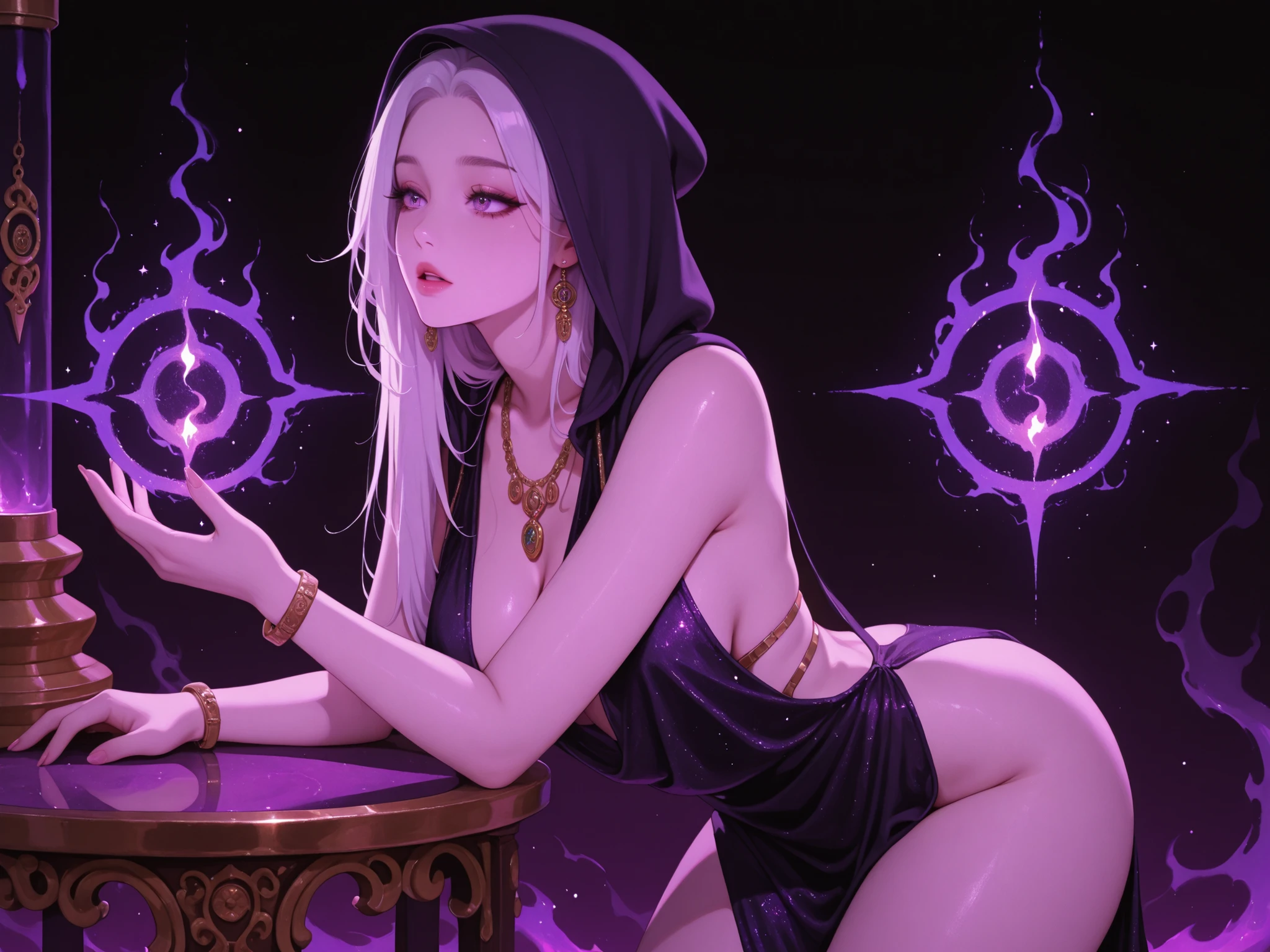 ruanyi0852,gold,sleeveless dress,backless dress,jewelry,hood,plunging neckline,bracelet,necklace,slut demon, revealing, sensual, black magic, sexual, trixie