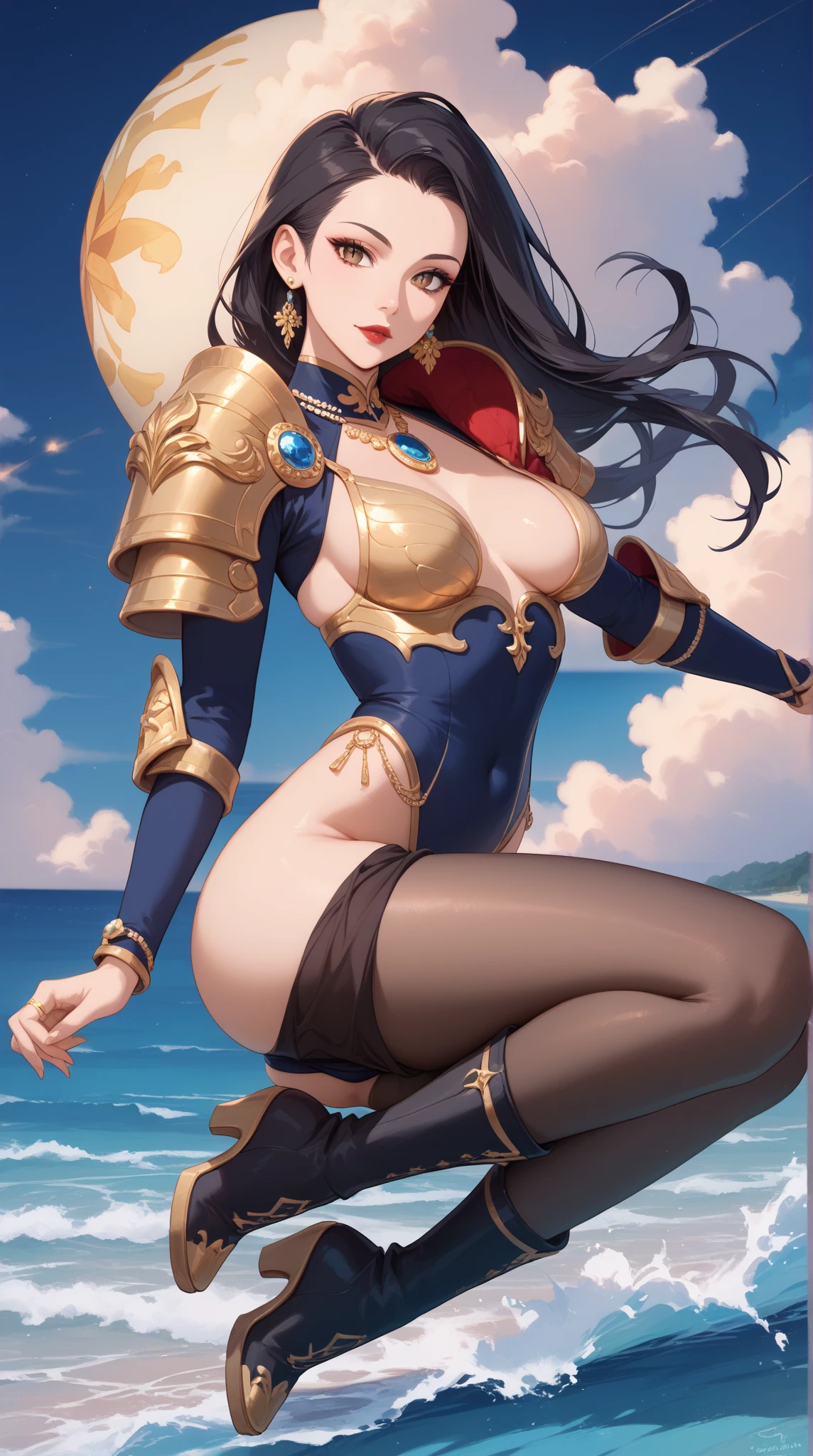 ((slanted eye)),(A MILF),(((maturefemale,adult  woman))),独奏,masutepiece,top-quality, ultra-definition, max resolution, A highly detailed,((((Beautiful skins)))), Extremely sexy,Colossal tits,White panties,blush,high legs,thong,bikini-armor,Japanese style armor girl,Bikini Armor, White bikini armor, ornate bikini armor, Female knight, Gorgeous Female Paladin,Japanese-style armor,cleavage,overknee socks,A Japanese style,At night,groin,Big ass,Beautiful black hair、Black eyes,poneyTail