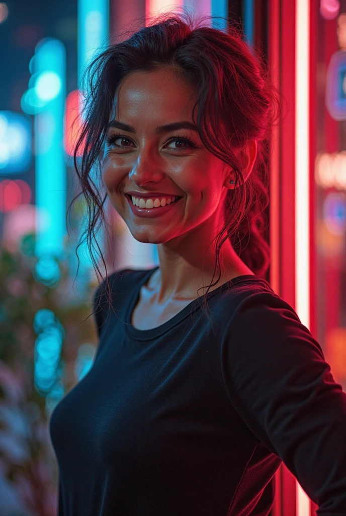 Create an image of a young 22 year old female,  beautiful, portrait,  focus on expressive blue eyes, detailed face. Longer black hair straight, ironed, very long hair, gathered in the form of a half ponytail. . Scandinavian features, Modeling,  She wears red neon top cropped fit in two bright colors, full body, sensual smile, full buttocks, full chest, and dimpled cheeks. on a a street In Boston city at nighy, on the banks of the river Lys, also known as the river Leie, with Graslei and Korenlei, in the background, ancient docks located at the ends of the canal of the old medieval port of Ghent. ,photo r3al,more detail XL,Masterpiece, Nice legs and hot body, 
