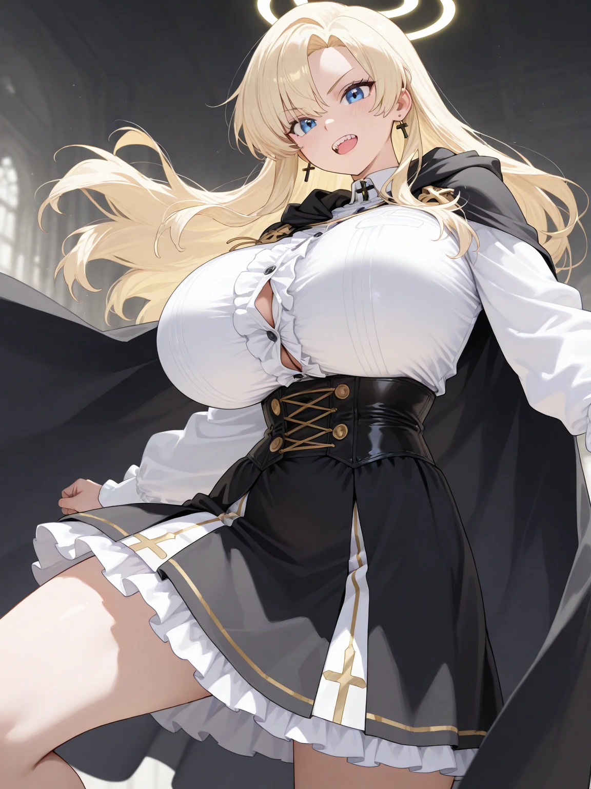 full body symmetrical, FEMALE, big belt around waist, big breasts, busty, pretty face, thick body, blonde hair, eyes closed, smile, squat, M legs, exposed armpits hands behind head, masterpiece, super mass, 4k quality, high detail, elf mother, black nun dress, wuqubbai corset, tights, lace panties, cleavage, white tights, sweaty, wet clothes, see-through, add_detail:1.5