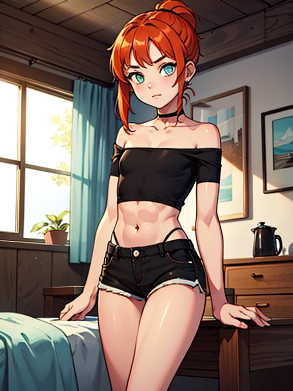 (Masterpiece), Best Quality, ultra-detailed, 1girl (Gwendolyn_Tennyson, lovely small breasts,  neck choker, orange hair, short hair, green eyes, half-closed eyes),a come-hither face, mascara, full makeup, dark eyeshadow, red lipstick , parted lips, nose blush, blush, facing viewer, looking at viewer, solo,white  shirts, cleavage, 
red lace bra , pleats skirt,pink skirt( pattern black), ultra mini skirt, red lace panties,loose socks, in the classroom, night time, on the floor, straddle,  sitting on floor,  against the desk, spread legs, come-on, lure,, Sexy waist teasing,  ,  ,  