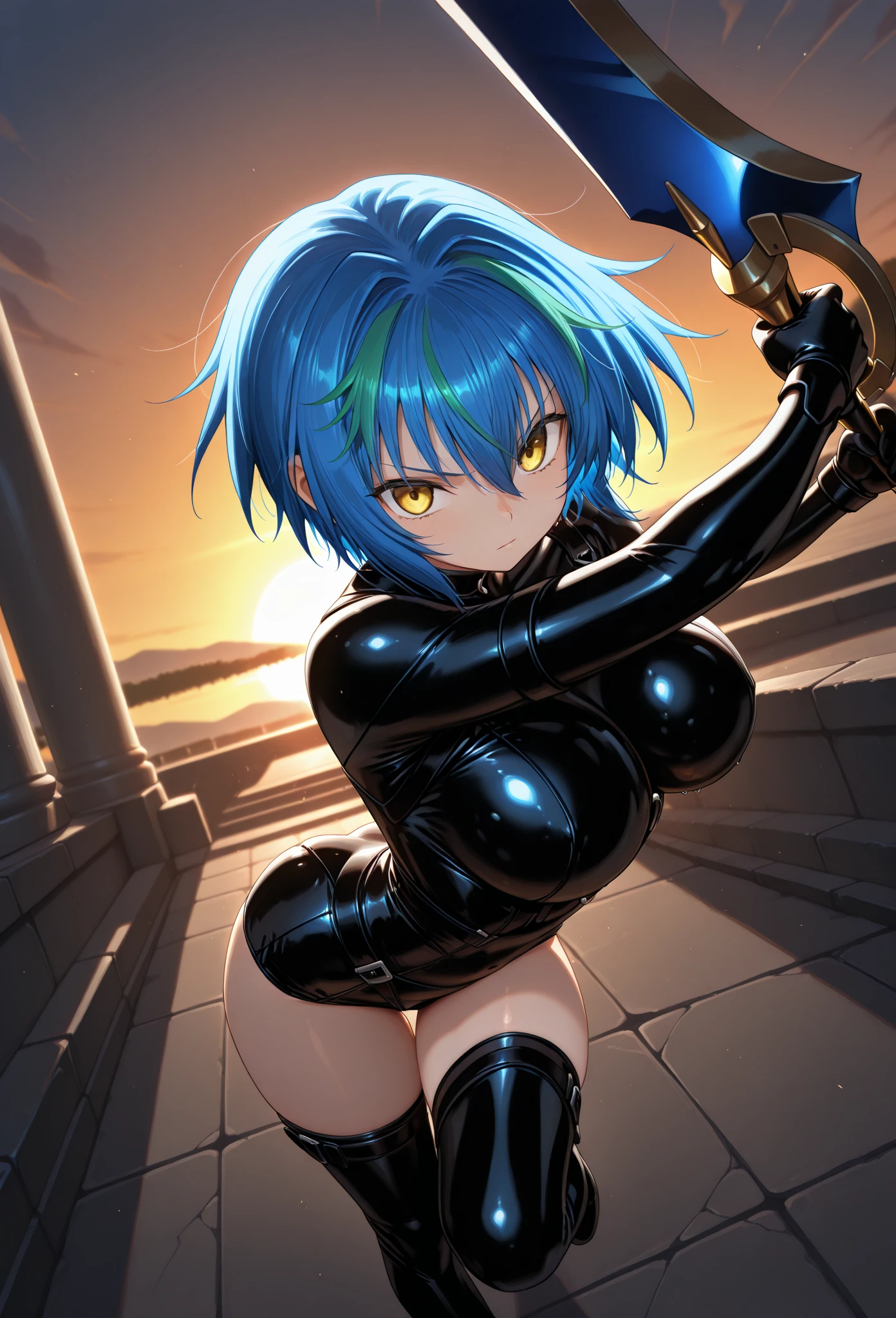 ((1girl)),((alone)),xenovia quarta,(masterpiece), (best quality), (ultra detailed), (best illustration), (best shadow), (absurdities), sharp focus, cowboy photo , looking at viewer, big breasts, narrow waist, wide hips, medium thighs, round butt, dynamic posture, short hair, blue hair, yellow eyes, multicolored hair, green locks, two-tone hair, striped hair, gloves, short sleeves, boots, green hair, black gloves, elbow length gloves, black thigh highs, fingerless gloves, black footwear, leotard, covered navel, thigh strap, shadow, high neck, halter neck, thigh high boots, black leotard, in the floor, arm strap, strap, impossible leotard, black latex leotard, cross, cross necklace, smiling, playful look, seductive smile, closed mouth, seductive expression, (sexy pose: 1.2), ((only)) , standing: 1.3, interior, church, night, window, looking forward, ((focus on breasts), point of view (from above), red blush, perfect anatomy, perfect hands.
