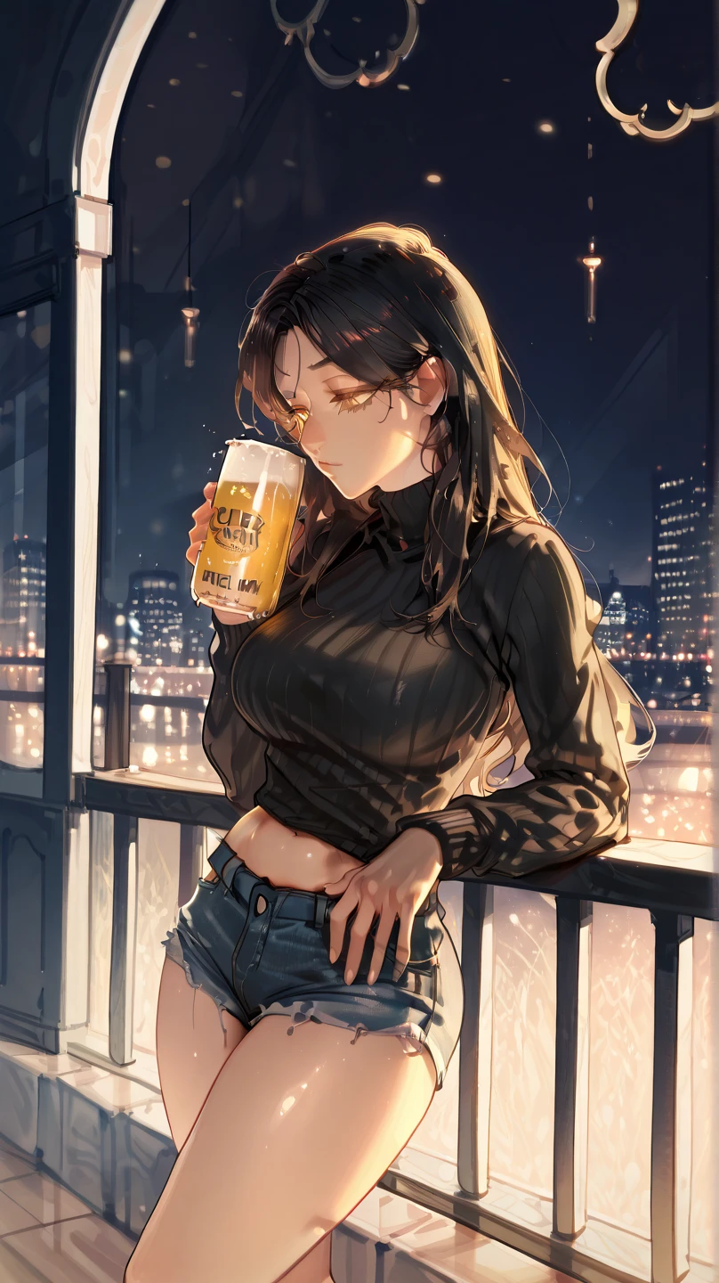 create an anime girl in a black miniskirt with white underwear 26 years old sitting on a bench wearing a white tank top and holding a mug of beer in a luxurious bar landscape