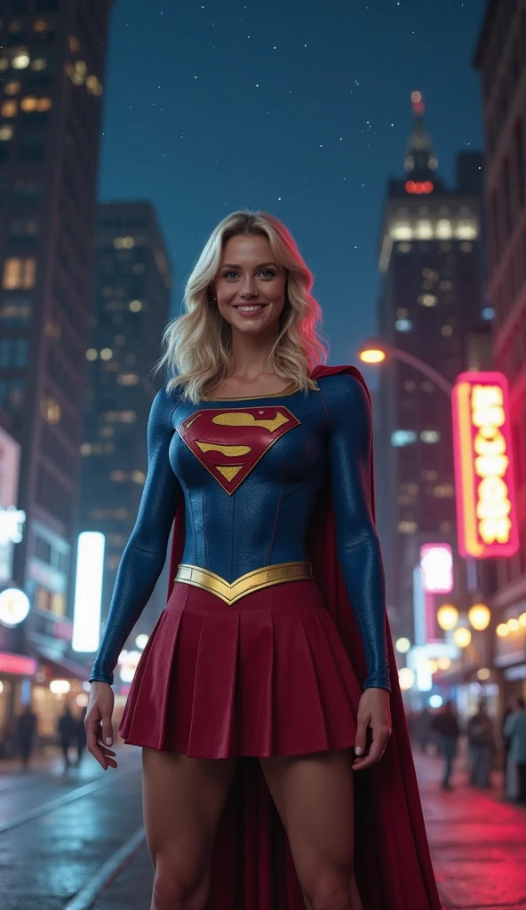 Female Supergirl award-winning photo of a woman, Blue and red superhero suit, square jawline, asymmetric face, short hair, in rain, smiling, purple light, 80mm, bokeh, mass effect, close up, fking_cinema_v2, 8k, cinematic