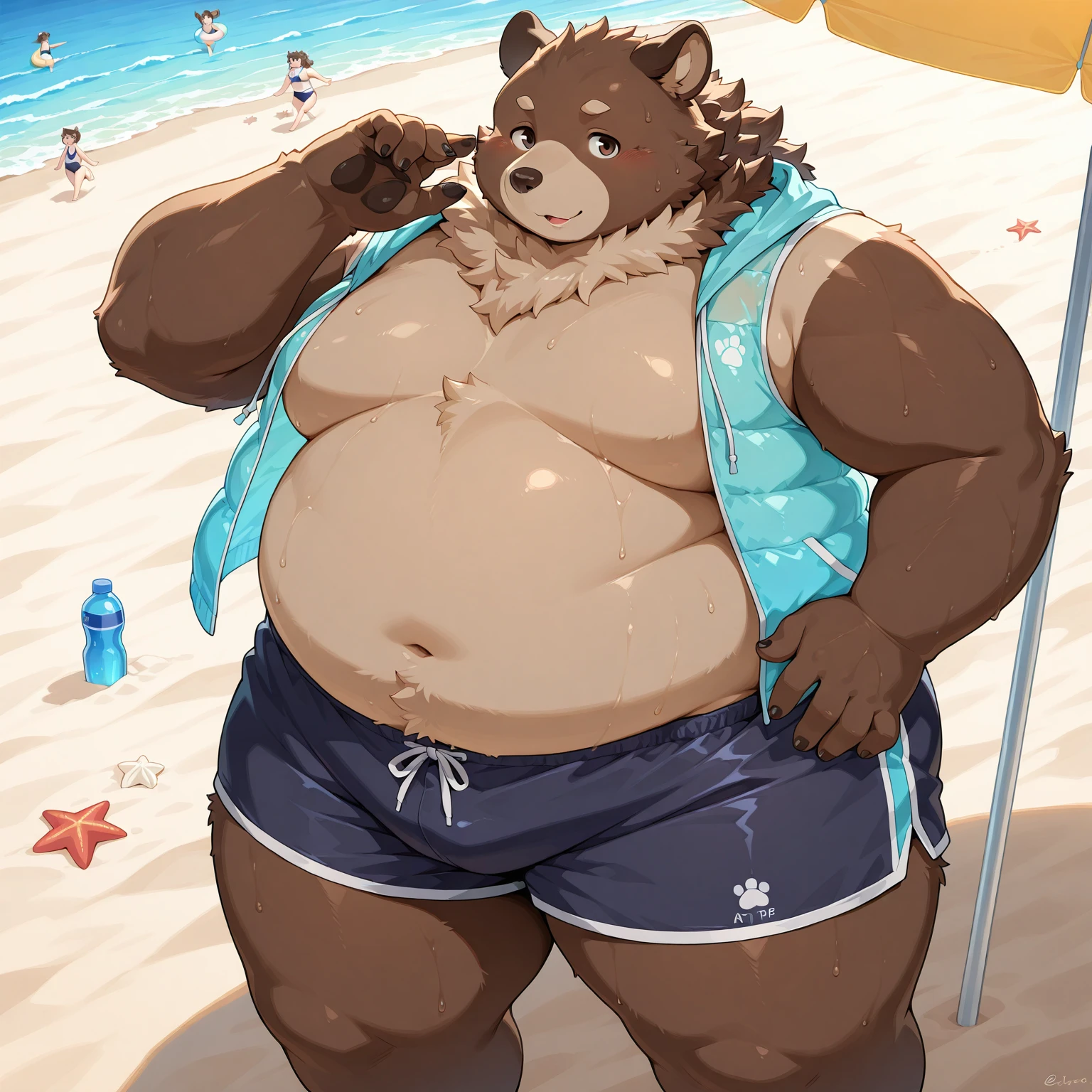 Chubby, furry,male , anthro bear, dark orange fur, cream fur, black hair, very plump, middle aged , mouth covered mustache,Thick beard, seductive , detailed , full body , tight tank top, lifted up, chest and belly exposed, naked, massive penis, bulge detailed, cum everywhere inside speedo, big juicy pecs, extremely hot and sexy, eye ls half closed, black pupils, eye contact, seductive, horny, hot, white tank top, speedo, sweaty, beach setting, afternoon, blue sky, hot temperature, day time, one arm raised, hairy armpit, by hyaku