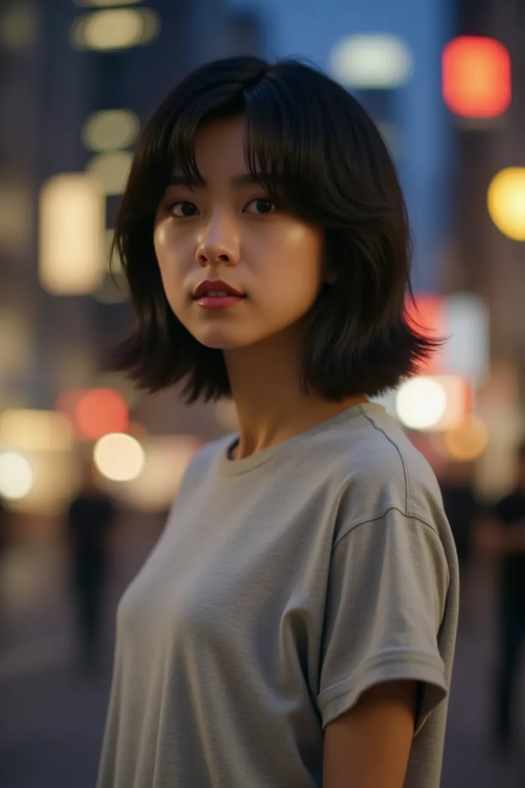 a young Japanese woman has a naturally pretty face, she's 2, black eye color, cute nose, small lips, sexy lips, a sexy face, short hair and blonde color, wearing black sweater and jeans, Christmas view, high quality picture