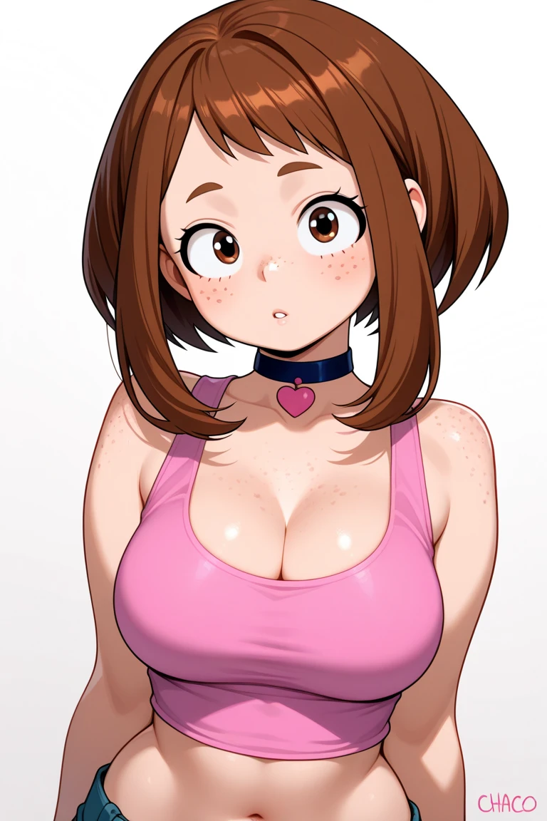 (Ochaco uraraka),(is a short girl with a curvy figure, fair skin and curly hair with eyes that match in color. She has perpetual pink blush on her cheeks, and her eyes are large and round with thick upper lashes, two more extended and more prominent on both sides and fewer, but more individually pronounced lower lashes. Her hair is shoulder-length with short bangs, and the style is balanced with two long strands framing her face),(Wearing),+,(a sexy bunny outfit that consisted of a larger black strapless one heart decots and showing feathers and super sexy and tight arms)