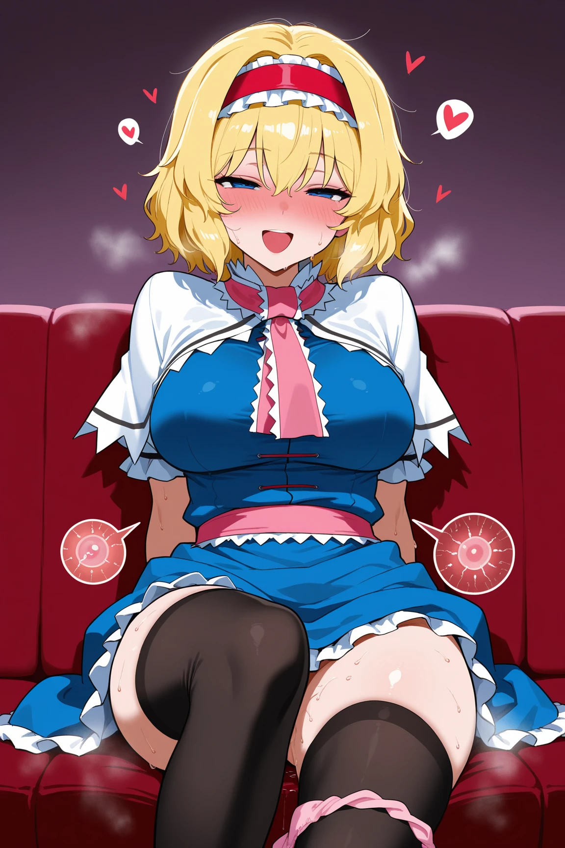 1girl,nishikigi chisato(lycoris recoil),{{purple dangerous beast cos}},{{dangerous beast}},dangerous beast cosplay,NSFW uncensored, {official art}((anime style)),from side, bust shot, {{{{fellatio gesture, looking at viewer}}}}, half-close eyes, [[tongue]], open mouth, seductive smile, {{{heavy breathing, sweat}}}, huge breasts, [long sleeves, white gloves, bare shoulders], {{{{motion line}}}}, heart symbol, indoor, bulry background, , best quality, amazing quality, very aesthetic, absurdres,1girl,fellatio gesture, tongue out, fellatio gesture,memcho, blonde hair, blue eyes, blunt bangs, demon horns, fake horns, horns, short hair,