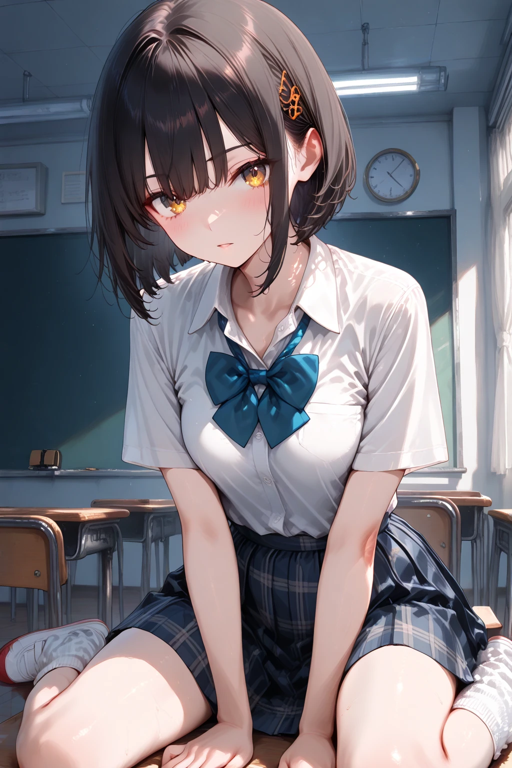 1 girl, 16 years old, Dynamic posing, dynamic angle, Arrange pose,Top quality work,Show Legs,(short black hair),(blue eyes), Rose cheeks, Pretty Face, A perfectly proportioned face, school white shirt with red bow and black skirt, (school uniform), (school white shirt), white stockings,school, in classroom, smilling, Offers A Hug