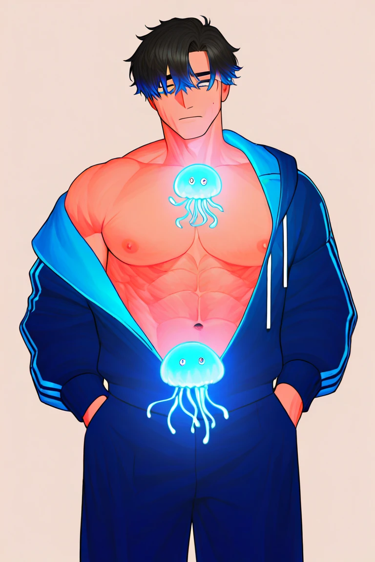 jelly fish cut short hair, twink male, dark blue hair and eyes, beauty marks on face, sexy pose, naked cute smile, feminen body male