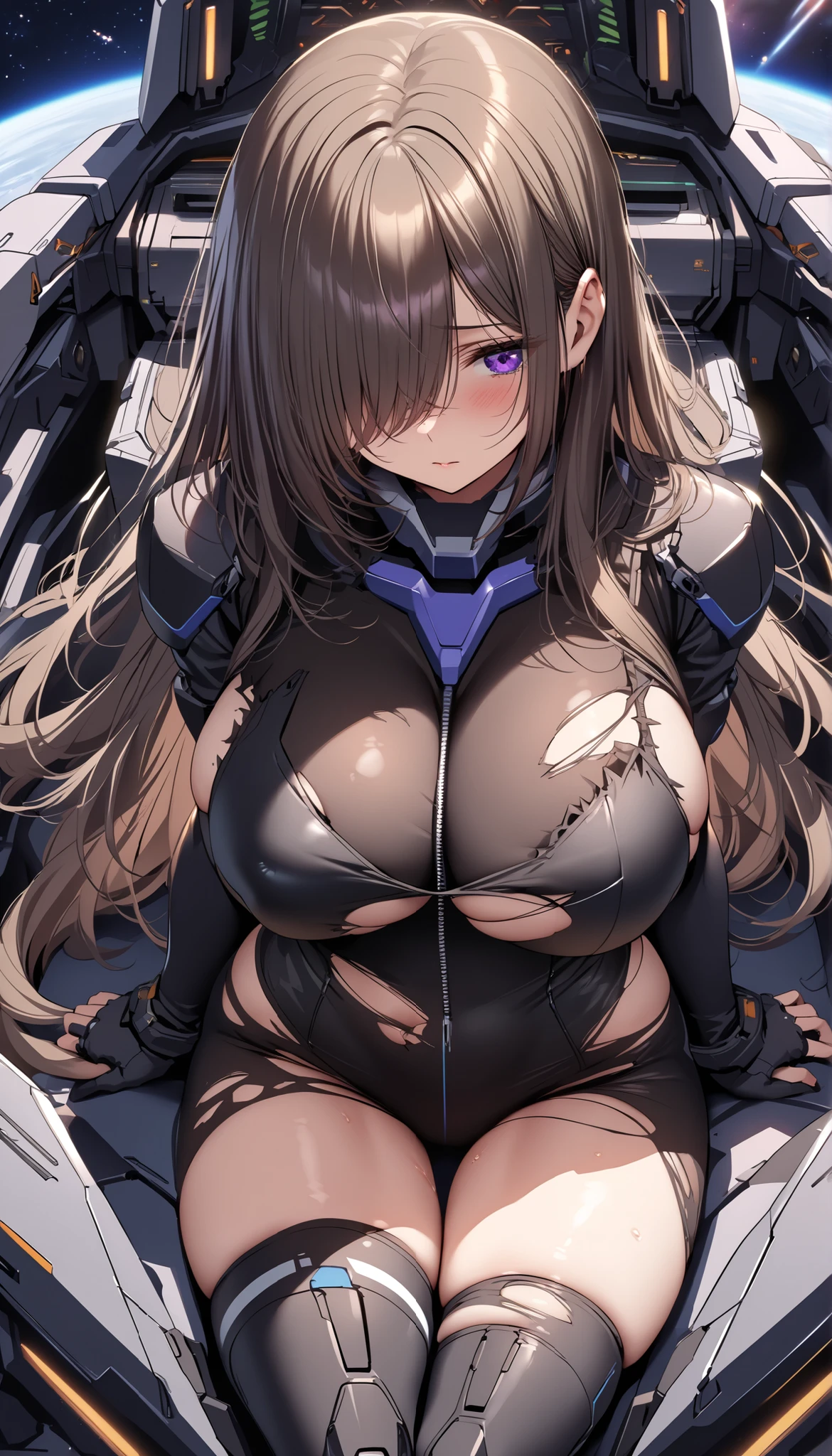(((masterpiece, Highest quality, 1girl, 20-year-old woman, Beautiful attention to detail:1.6, Upper Body, Anatomically correct, flat lighting, futuristic fashion, natural fingers, empty eyes, smirk, show teeth, Very large breasts))), bewitching, long hair
