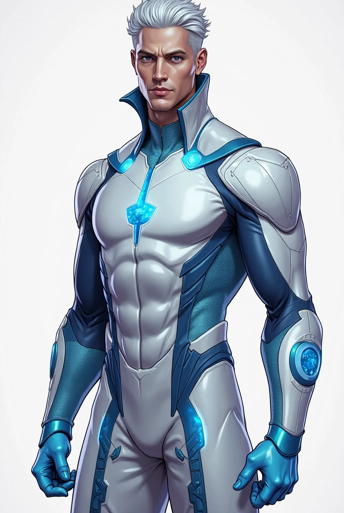 Half body focus photorealistic handsome hunky fractal masculine white haired fractal Ghost Boy.. wearing a white quartz transparent crystal chrome glass super suit , look at camera, detailed face parts,, studio as background, Freestyle Pose, Happy Expression, perfect anatomy, symmetric body,, 18 years old, :: high detail, a lean athletic body, realistic, human skin, extremely detailed fingers, chad chin,, masculine, human skin, (eyes contact), gorgeous, Attractive. super bulges