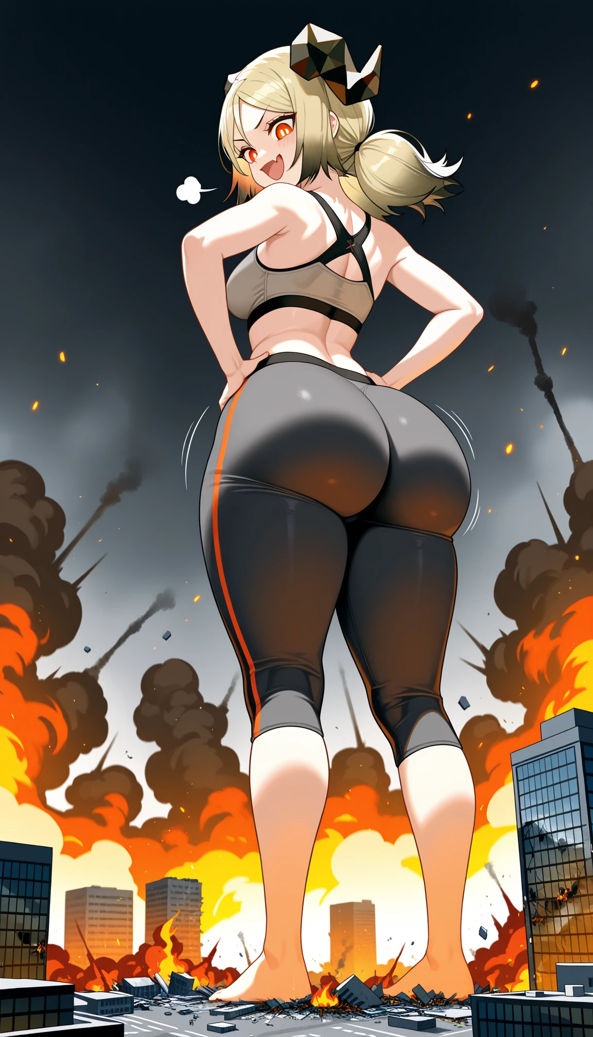 Two Giantess lesbian couple destroying city,sadistic expression,sport bra, city destruction,pink pantie ,aerial view,hard nipple 