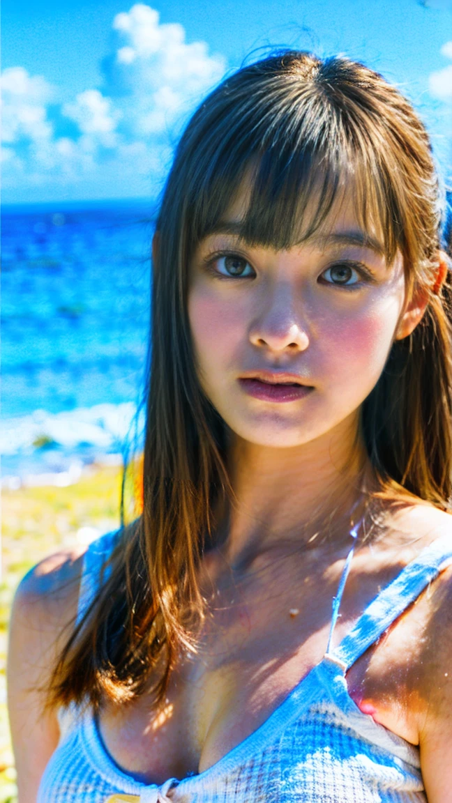 (Summer beach、Seaside、standing by the beach:1.2、Resort、blue sky、Beautiful sea)、(white over swimsuitＴWearing a shirt:1.5、Bikini bottoms:1.3、Sandals)、Abdominal muscles:1.3、the wind is strong、(Realistic、Like a photograph、Live Action、8K, Realistic, RAW Photos, Best image quality: 1.4), Single-lens reflex camera、RAW Photos, Highest quality, Realistic, Highly detailed CG Unity 8K wallpaper, Written boundary depth, Cinematic Light, Lens flare, Ray Tracing, Realistic background、((ultra high density skin))、 A teenage girl traveling in Okinawa,Cute Japanese、whole body:1.5、Super detailed face、Kissing Face、Facial expressions that want to kiss)，avert your eyes:1.1、(Straight Long Hair:1.2、My hair flutters in the wind:1.1)、I like that style、stylish、Very detailed、Pay attention to the details、Perfect outfit、(Sunburned skin)、View from below、Accurate hands、Accurate legs、Detailed hands and fingers、Anatomically correct body