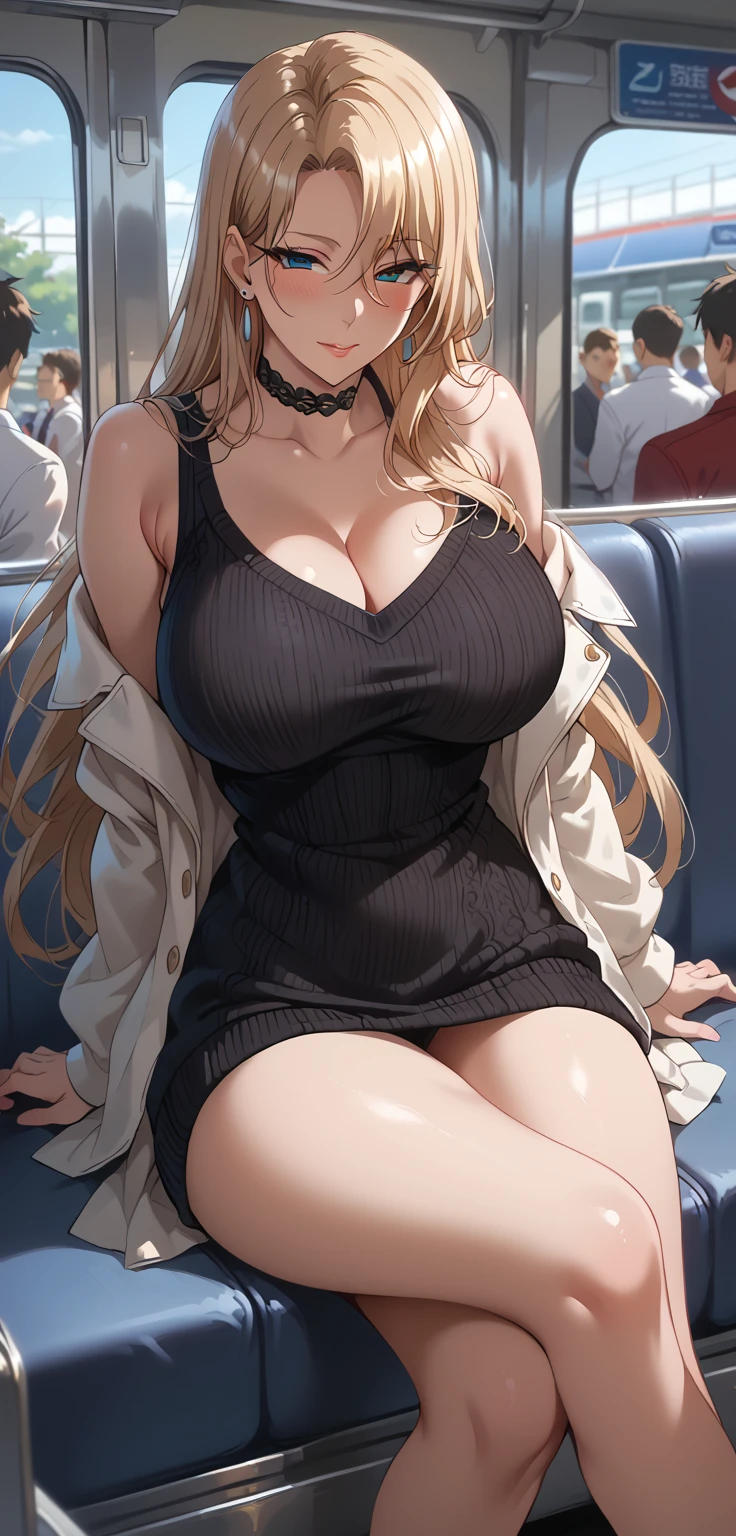 Girl with giant breasts with lace cleavage on public transportation