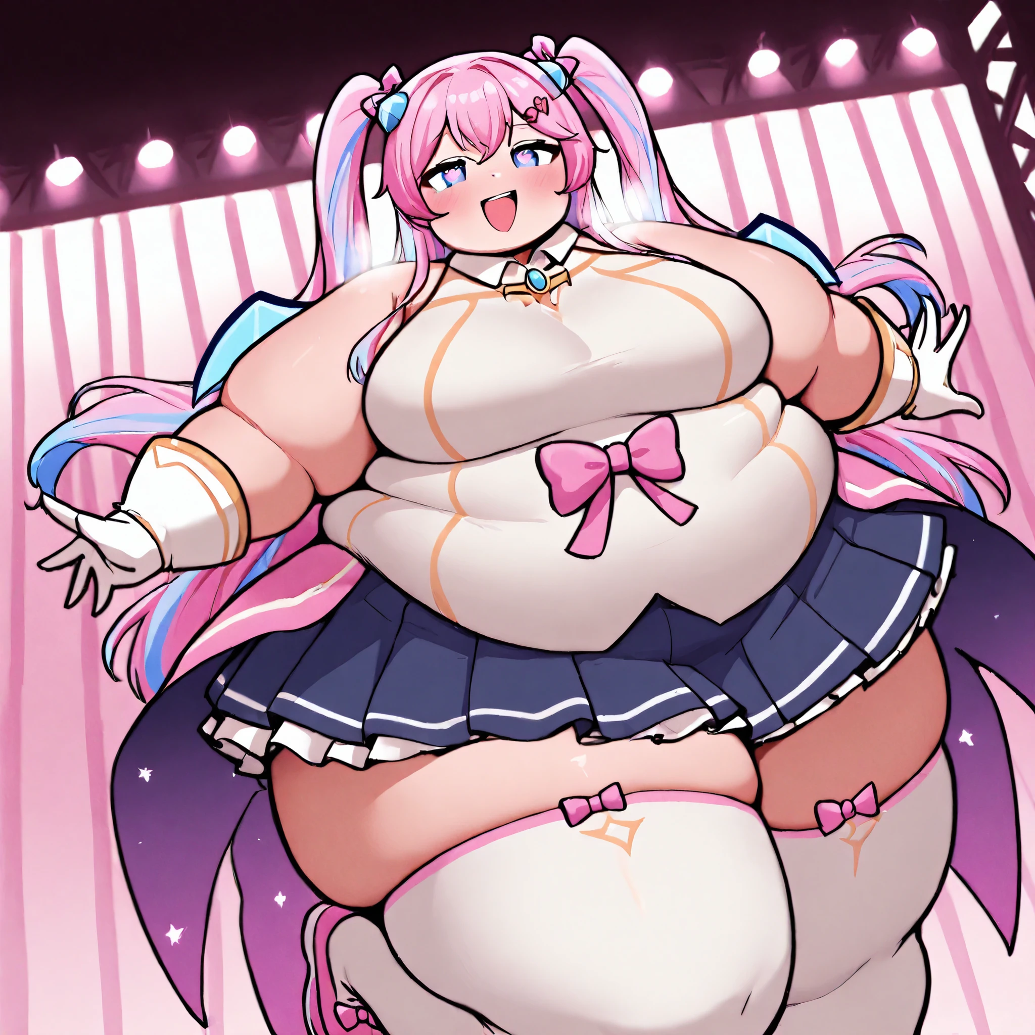 (masterpiece, best quality), intricate details, obese1girl, pink hair, long hair, curly hair, ahoge, blunt bangs, hime cut, side ponytail, big cheeks, (((dark skin))), heart-shaped brown eyes, retina, half-closed eyes, fangs, bear ears, huge breasts, cleavage, thick thighs, fat arms, fat belly, fat butt, mole, wide hips, thighhighs, short shorts, lace, seductive smile, super detail, high details, high quality, best quality, highres,