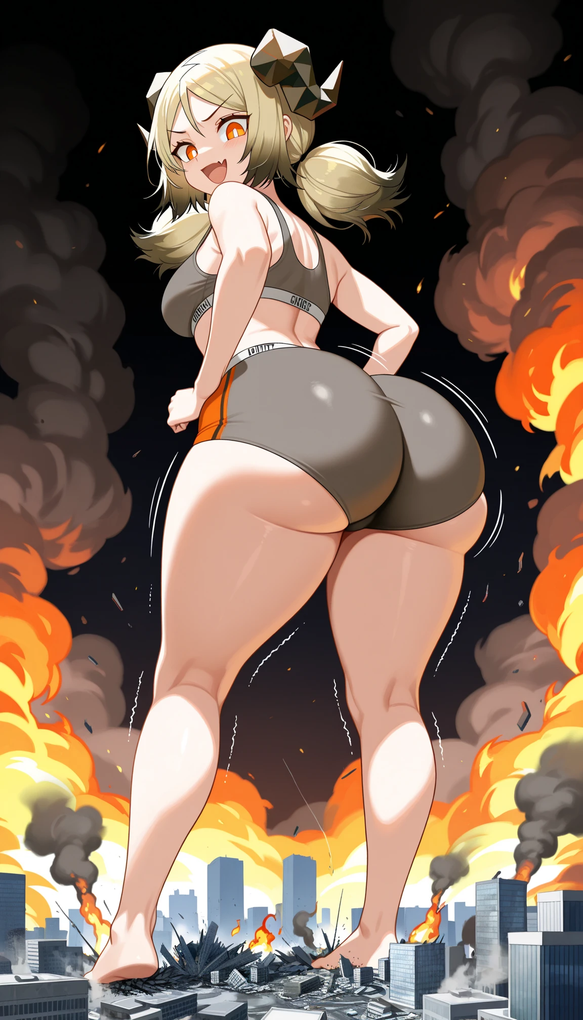 detailed illustration (side view),dynamic angle, ultra-detailed, illustration, clean line art, shading, anime, detailed eyes, detailed face, beautiful face, dramatic lighting, detailed illustration, dynamic angle, ultra-detailed, illustration,
A fit woman with toned abs, in extra short bootie shorts, bandages wraps around chest, anime, wraps bra, Anime fighter protagonist, big round black girl ass, big tits, caramel skin, wide hips, narrow waist, broad shoulders, glowing eyes and thunder thigh’s, hair aflame and eyes are all aglow, hair on fire, Fundoahi, blonde hair