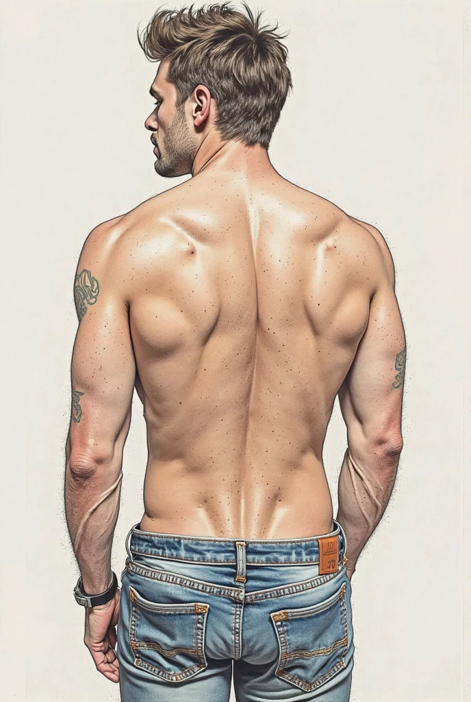 Make a 1 man thin, who has a compass rose tattoo on their waist