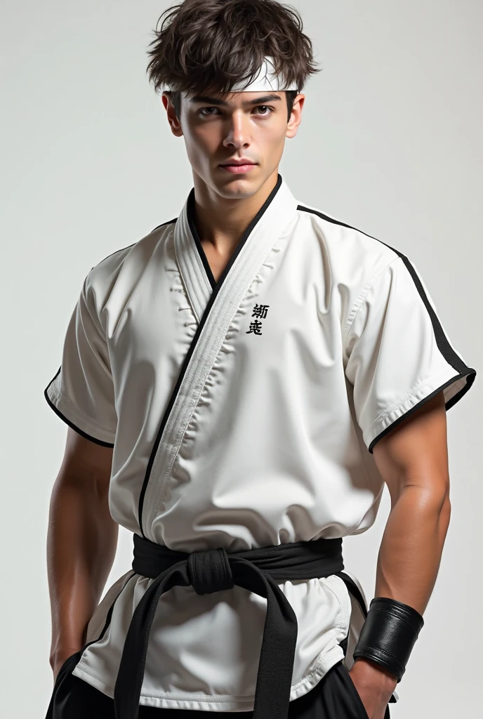 a picture, a handsome, 8k full body portrait of a man, Charming sweet look, Move ki, shorth hair, musculature, clong legs, Muscular legs,, bare-legged, Detailed muscular physique, a picture, (​masterpiece, top-quality, top-quality, Official art), Stick out your fist, Large and dynamic movements, Photorealistic depiction,20yr old, Toned waist, White Karate Uniform, Karate Belt, White karate pants, Accurate depiction of details, Perfect skeleton, Look straight at your audience, sharp gaze