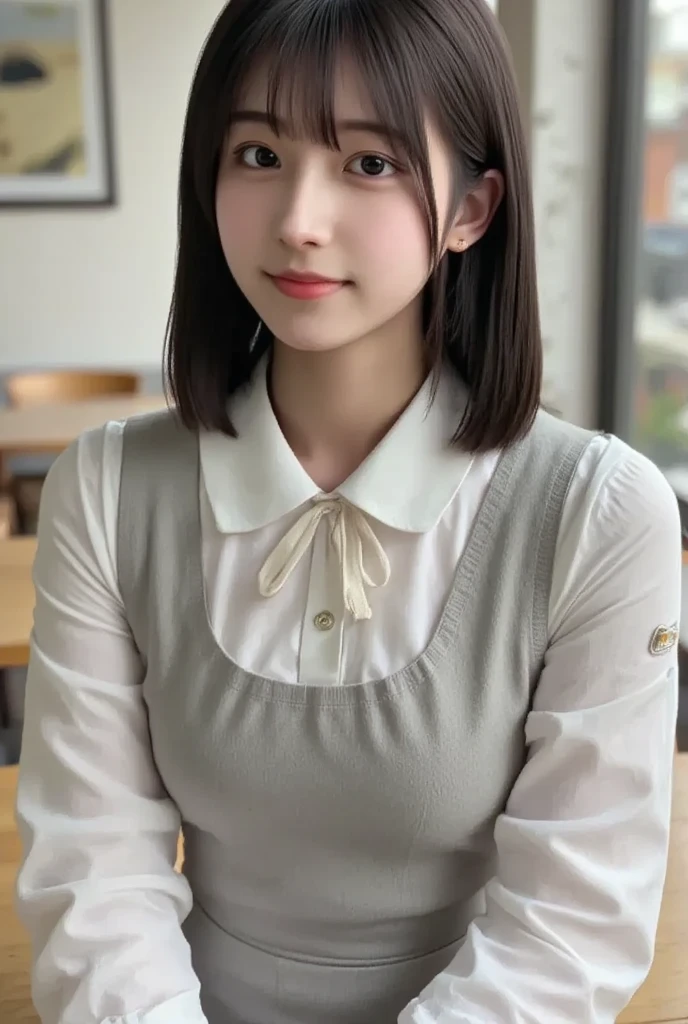Portrait of a Japanese woman、alone、20 year old Japanese woman、Beautiful Face、Upper Body、Hair over one ear、Medium Sidecut、Blonde、Ugly costume、(Highest quality、High resolution、high resolution、masterpiece:1.3)、At the cafe、Stylish cafe