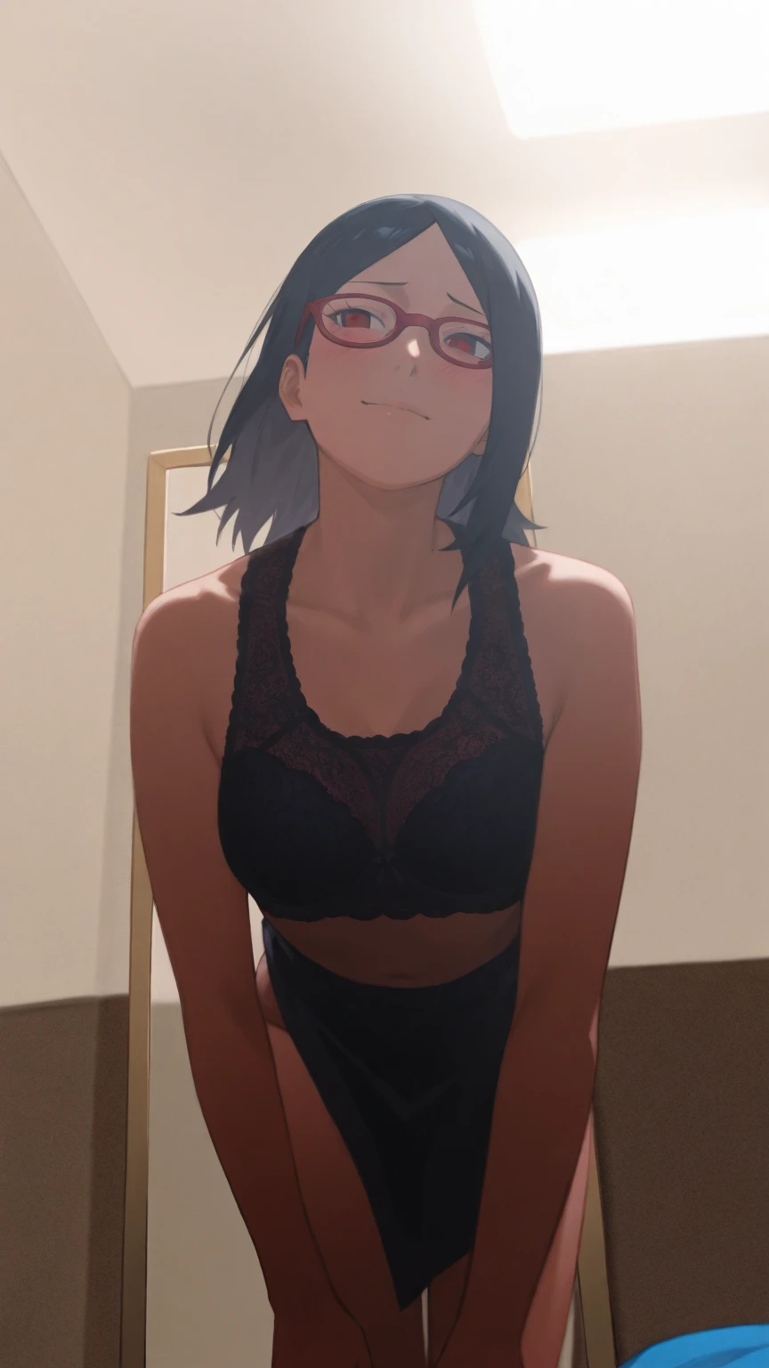 hinata hyuga ,mirror selfie, 1girl, showing wide ass, big breasts , bathroom, hime haircut , underwear, phone, reflection, long_hair, mirror, black_hair, breasts, panties, bra, red_panties, cellphone, solo, smartphone, phone_screen, smile , holding_phone, red_bra, indoors, sink, underwear_only,