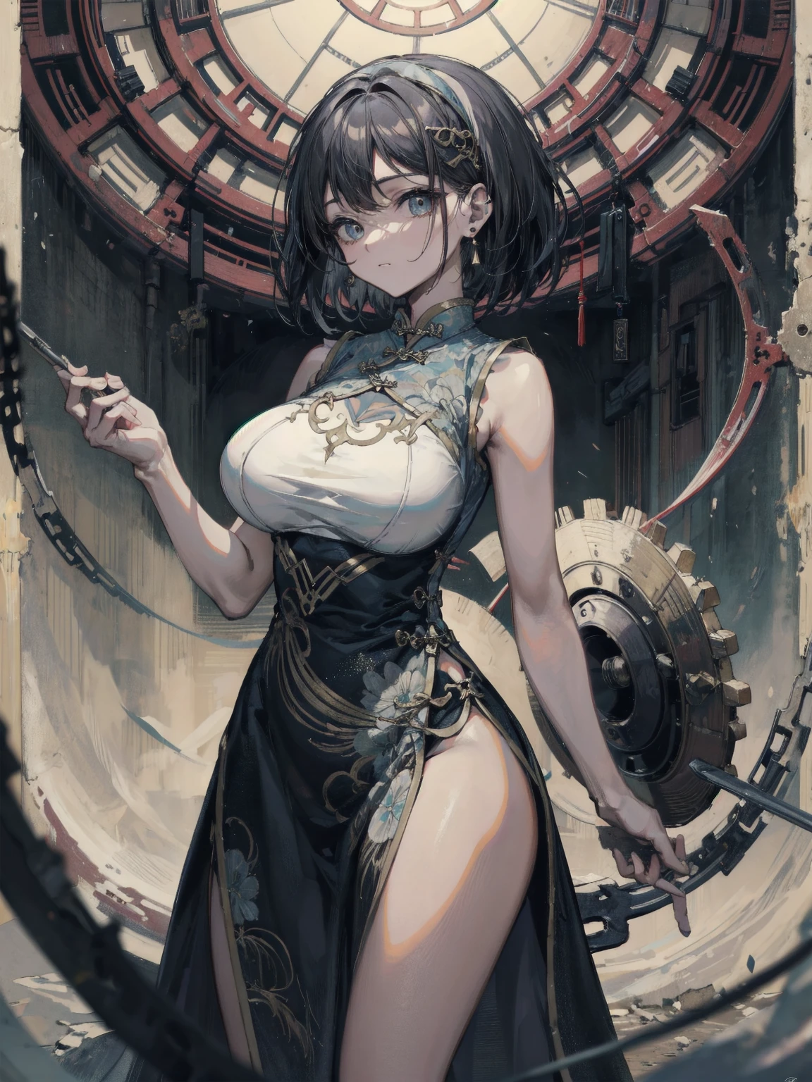 ((highly detailed)), Genshin Impact, ((Hu Tao)), Perfect human hand,(Small breasts:1.1),relaxed poses, ((fit female)) , Super perfect body curve, masterpiece, 4K, detailed, Perfect face, (20 years old) Enthusiastic body language, Fit the figure,  gorgeous Perfect face, Happy expression, open mouth, realistic style and super detailed renderings, Surrealism, Surrealism油画, Contour shading - ((Full body portrait)), , Hands on thighs，Super huge breasts