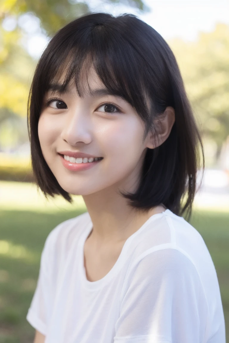 masterpiece High resolution Female student Delicate face very cute natural atmosphere boyish 16 years old Bobcut Dimples Mole Tanuki face White T-shirt Are standing