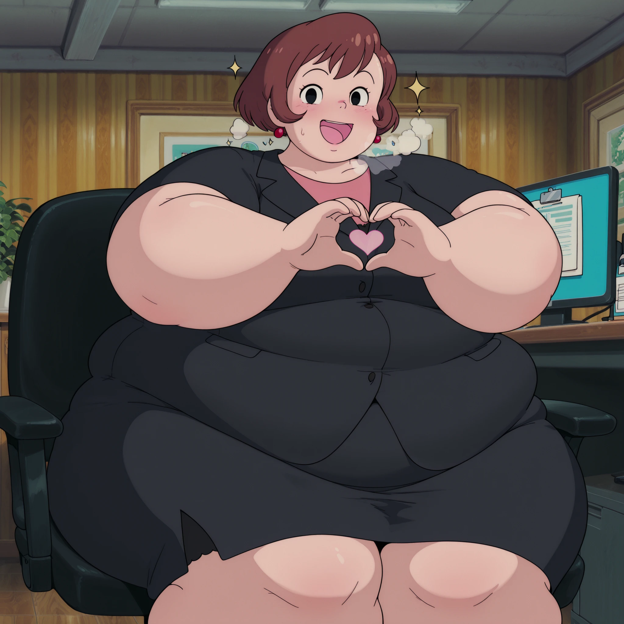 1girl,solo,mm,mature female,short hair,brown hair,black eyes,earrings,anime coloring,
formal, black suit,office lady,black skirt,sitting, on chair,office,looking at viewer, smile,indoors heart hands,
,masterpiece,best quality,amazing quality, fat, chubby, obese, gigantic arms and legs, large breasts open mouth, out of breath, sparkle(Heart),