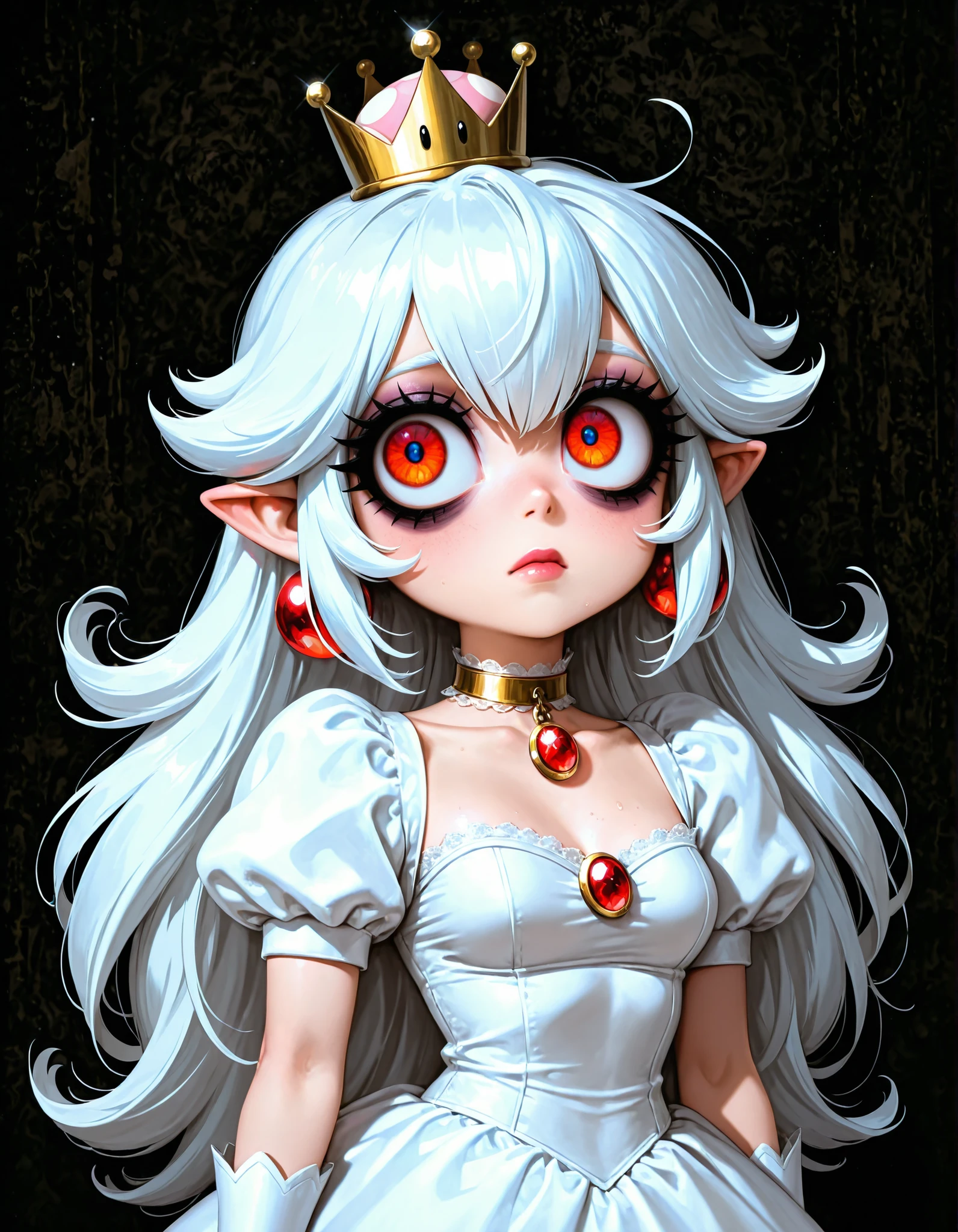 masterpiece, best quality, exhausted, big eyes, bags under eyes, eyeliner, (1girl, solo, eyelashes, 1girl, solo, long hair, breasts, looking at viewer, bangs, blue eyes, long sleeves, jewelry, closed mouth, upper body, white hair, earrings, choker, pointy ears, puffy sleeves, belt, necklace, collar, colored skin, lipstick, juliet sleeves, elf, wall, long hair, looking at viewer, blue eyes, long sleeves, closed mouth, upper body, white hair, pointy ears, puffy sleeves, colored skin, red lips:0.6), Boosette_Mario, 1girl, long hair, white hair, long white dress, ballroom dress, white gloves,