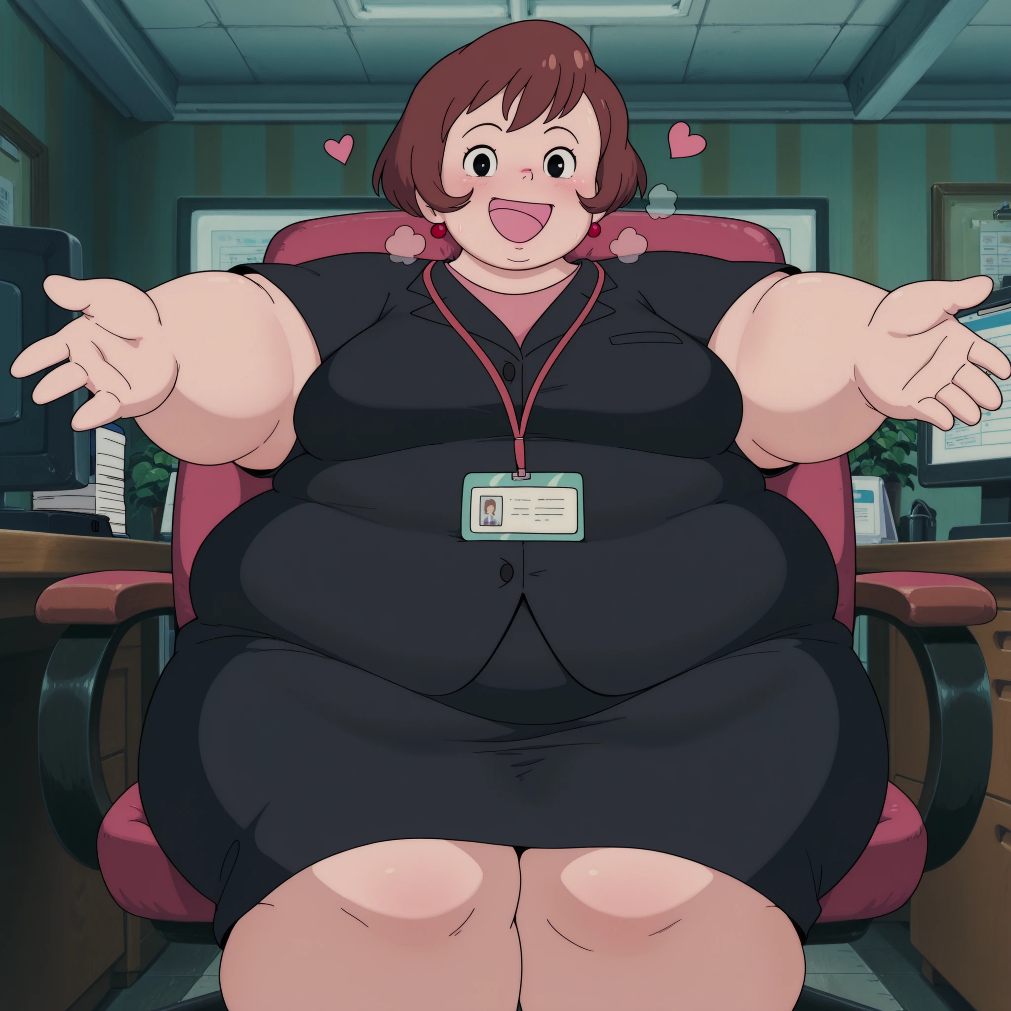 1girl,solo,mm,mature female,short hair,brown hair,black eyes,earrings,anime coloring,
formal, black suit,office lady,black skirt,sitting, on chair,office,looking at viewer, smile,indoors incoming hug,
,masterpiece,best quality,amazing quality, fat, chubby, obese, gigantic arms and legs, large breasts open mouth, out of breath, heart,