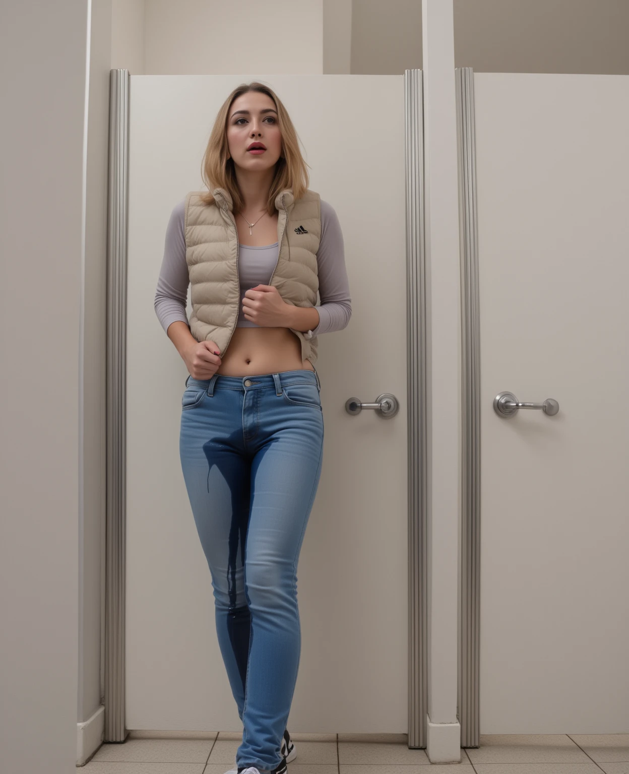 best quality, masterpiece, highres, realistic, 8k, soft lighting, cinematic lighting, 1girl, 20 years old, jeans pants, full body, blush, worried, topless, barefoot, have to pee, ((((((pee stain))))))