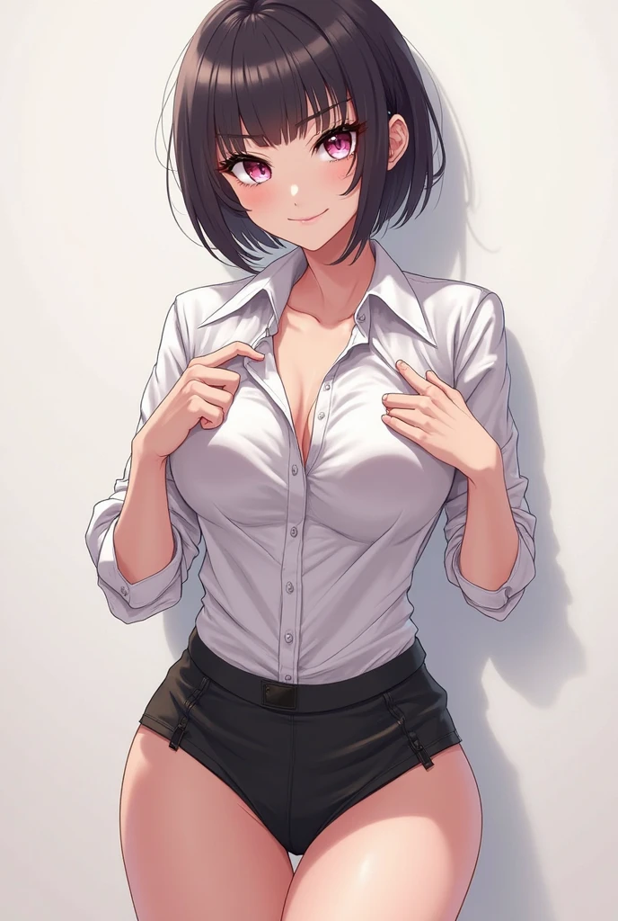 Girl kneeling while sticking out her tongue and on her tongue there is a thick , she has a face of pleasure and is blushing, she has a white shirt that is a little transparent, she has short shorts, she has short black hair, she has big breasts, thighs and butt, She is licking a penis