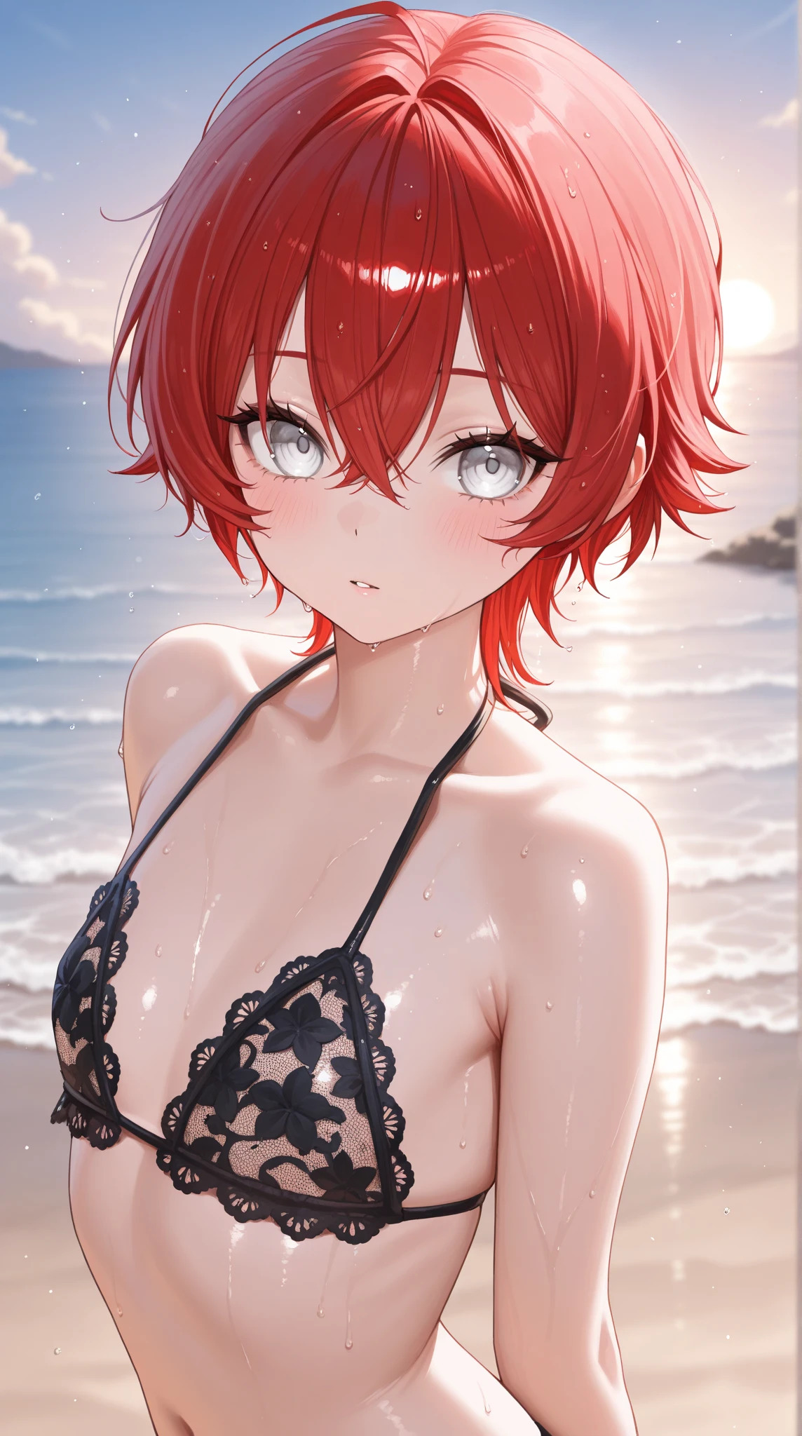 1girl, Arima Kana, <lora:Arima Kana_V1-000003:0.7>, hat, blue headwear, beret, blunt bangs, bikini, beach,, (masterpiece:1.2), highres, best quality, 8k,