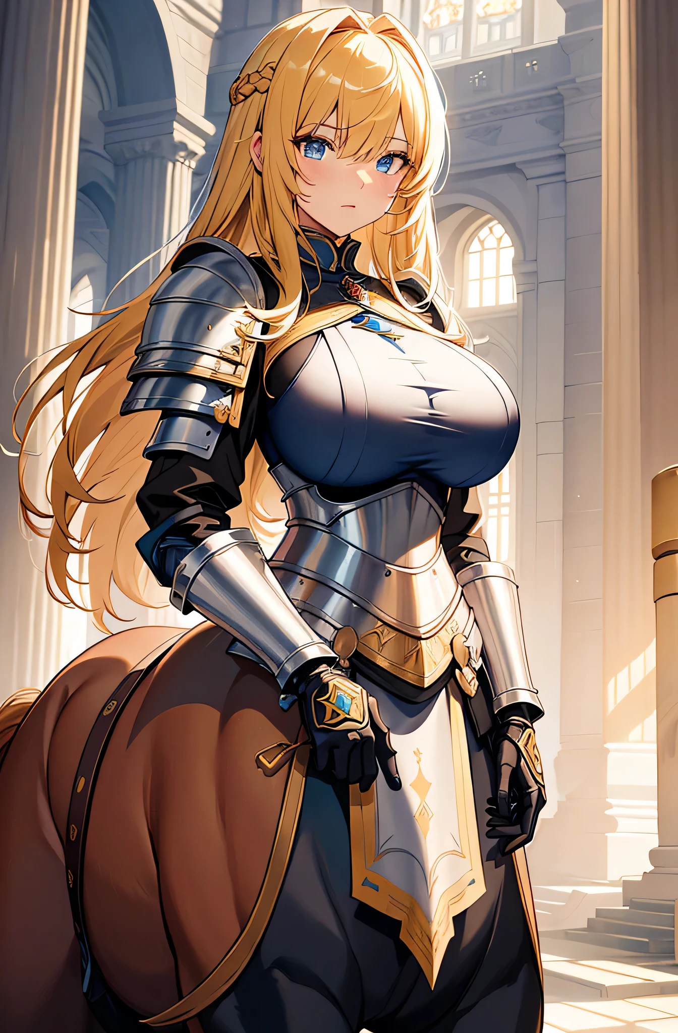 1girl,solo,centaur,blond hairs,ponytail, blue eyes,horse ear,breasts, full armor,crown,cape,open mouth