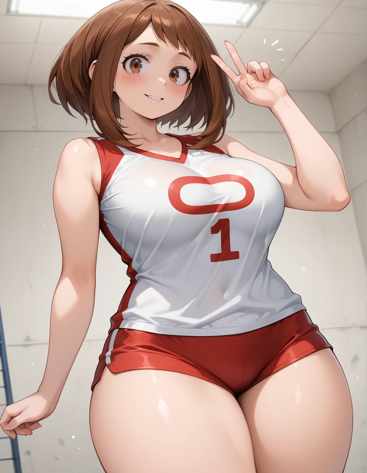 Brown ponytail、Huge boobs、Beautiful feet、Butt、Sports Necklace、Volleyball Uniforms Number 13 English letter logo White sleeveless Red shorts、Knee support black、Sit on the ground stretch、National Gymnasium Volleyball net、Embarrassed face、Date glasses、Indoor shoes、White loose socks、Wristband、Six-pack Six Pack Slender body