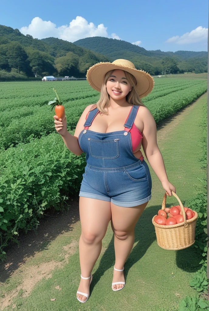 beautiful busty with vegetable in Farm Life, gigantic breasts,, giga_busty,Clothing in the pants style, full body shot