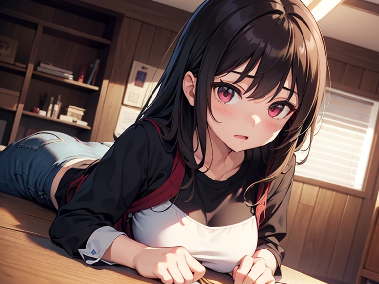 Chica de anime con cabello largo y negro y ojos rojos sentada en una mesa, seductora chica de anime, Atractiva chica de anime, Anime visual de una chica linda, Mejor chica del anime, Una chica de anime, Anime Moe Artstyle, (Chica anime), Estilo anime ecchi, linda chica de anime, Hermosa chica de secundaria de anime, Hermoso y atractivo anime adolescente, Chica bonita de anime, Chica anime
