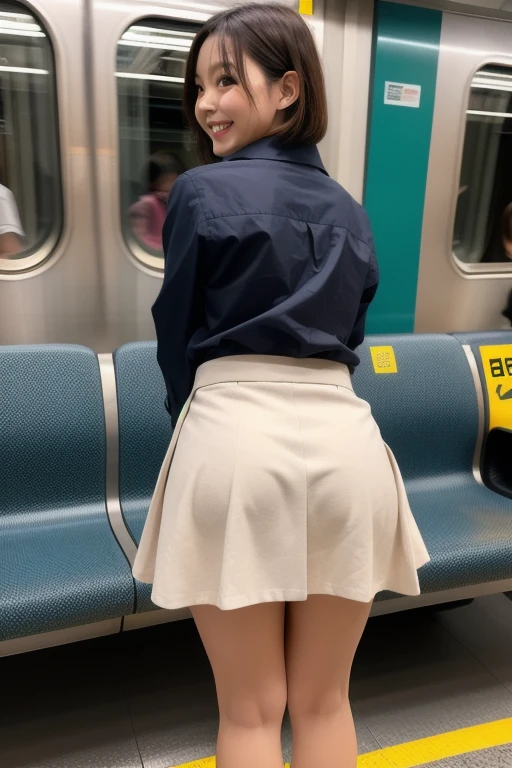 masterpiece, best quality, photo, 18-years-old pantyless japanese high school girl stick out her butts from a train sofa as if looking into the window behind them, turn around and look at the viewer with provocative smiles, and lift up their micro to reveal their butts. have big breasts, micro mini pleated skirt, not wearing bra, not wearing panties, show viewer her ass and vagina, baby face, light brown hair, Full body figure