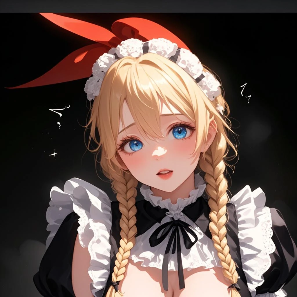 (Masterpiece: 1. 2), (Top quality: 1. 2), Perfect eyes, Perfect face, Perfect lighting, Mountain horizon, Beautiful girl like boy, Blonde hair, Upper body, Cleavage, Red eyes, Braids, Side ponytail, Bangs, Bobbed hair, Ahoy hair, Cute eyes, Great bust, (From bottom), Raw description, Orgasm, Scary, Erotic Bitch Virgin, Angry, Sideways, Bewitching, Gothic Maid, Sitting, Arms Crossed, (from above: 1. 3),.