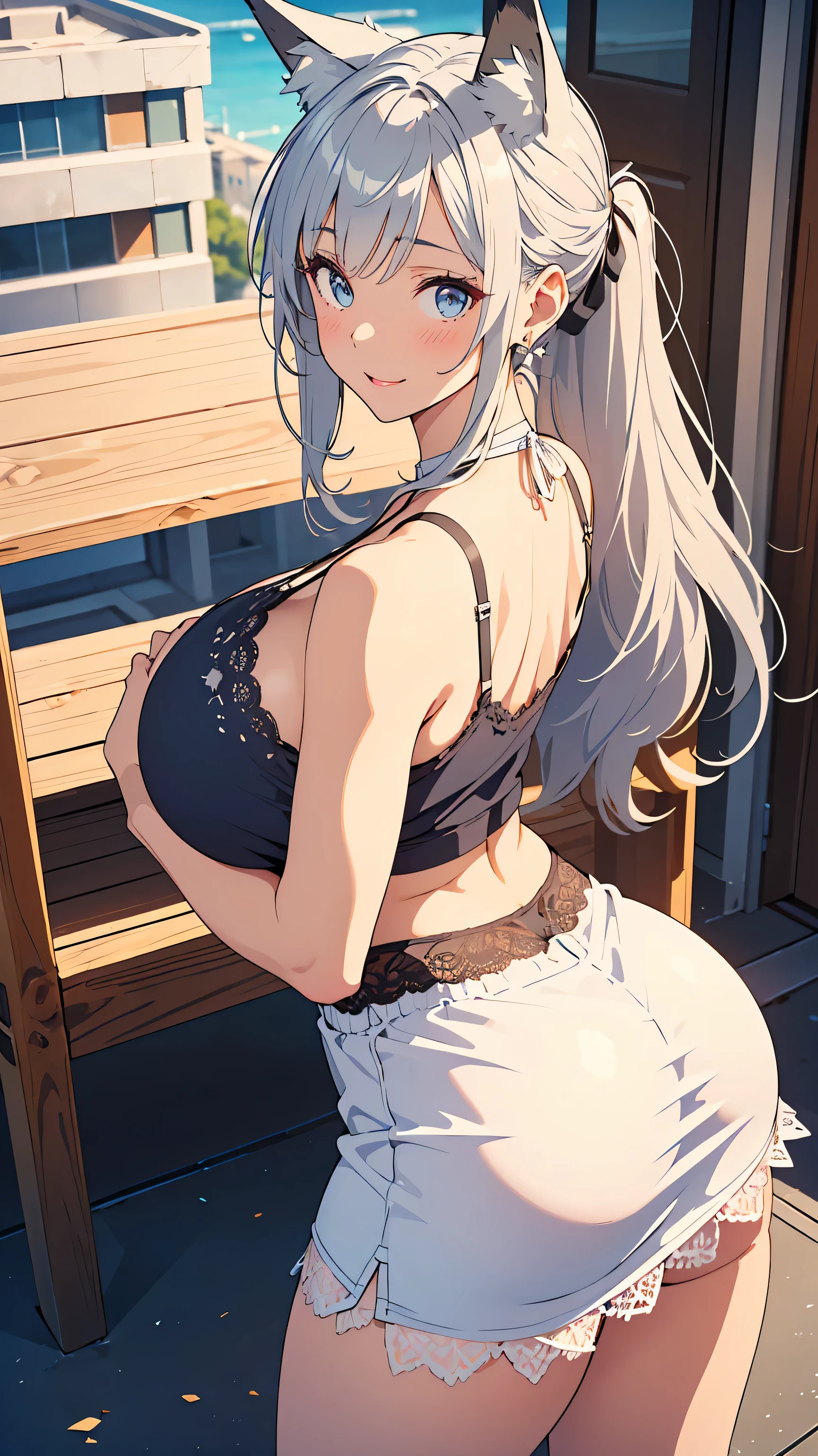 (masterpiece), (absurdres), (solo), (1girl), atb, gigantic breasts, bursting breasts, (backboob:1.1), from behind, looking away, cowboy shot, outdoors, blue sky, cloudy sky, ponytail, jeans, white shirt, <lora:ATBv1-3:1.3>