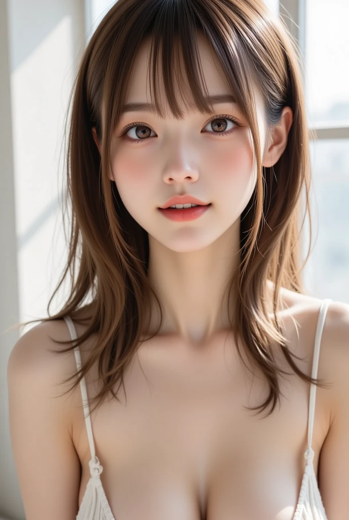 masterpiece, highest quality, 8K, confused, (Upper body:1.4), white camisole, beautiful girl, cute face, looking at the viewer, smile, surreal, High resolution, photo shoot, High resolution, chromatic aberration, sharp focus, HDR, face light, dynamic lighting, cinematic lighting, professional shadow, simple background, (natural color background:1.4), most detailed, very detailed, Super detailed, finely, real skin, delicate features, detailed face and eyes, sharp pupils, realistic student