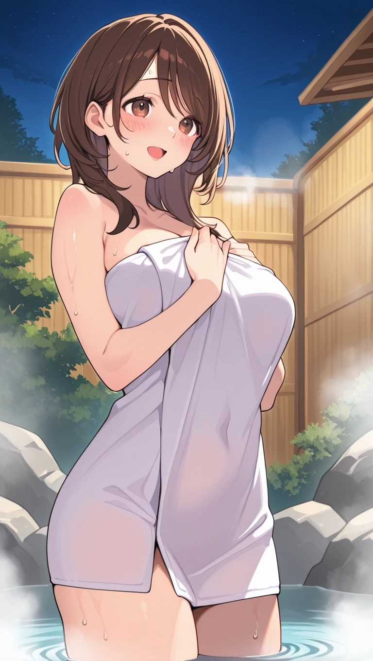 ((masterpiece, best quality)), miyako, 1girl, solo, breasts, bangs, jewelry, large_breasts, earrings, mole, hair_behind_ear, white towel , bathing, wet, sweating, blushing, wearing towel, looking at viewer, entrance, garden, leaning forward, upper body, hands to hips, selfie