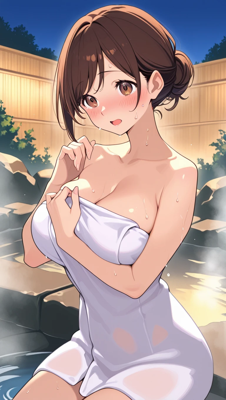amamitsuki, nsfw, masterpiece, ponytail, 1 girl, erect nipples, intricately detailed, topless, navel, bare shoulders, necklace, erect nipples, puffy nipples, brown hair, dolphin shorts, raining, bus stop, shed, mountain, outdoors, flowers, wet, wet body, Blue sky, extremely detailed, cg masterpiece, bare breasts, nipples, green eyes, bare stomach, side swept bangs, sweaty, large breasts, arm strap, pale skin, smiling, flat colored, side bangs, woodblock painting style, huge nipples