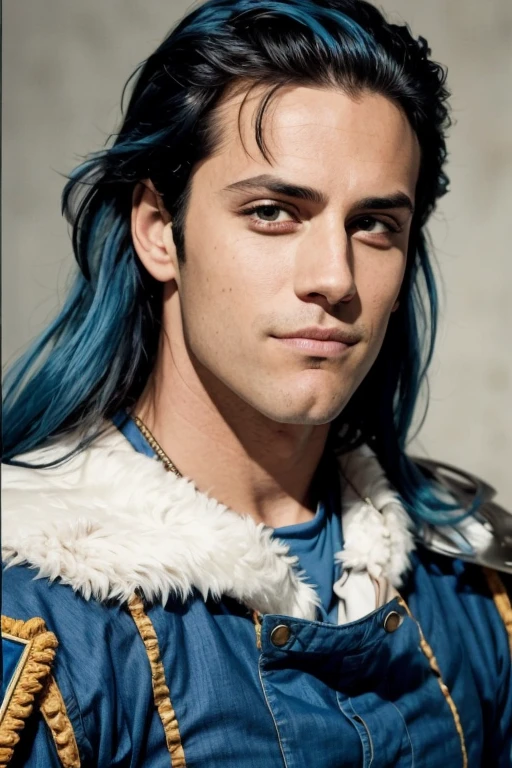 full-body men. He's a medium-height young man, standing at approximately 5 feet 9 inches (175 centimeters), giving him a noticeable presence. His skin is flawlessly clear, with a subtle sun-kissed tan that enhances the beauty of his facial features. His face is oval and symmetrically balanced, with well-defined eyebrows that accentuate his deep, sky-blue eyes. His eyes have a profound and mysterious shade of blue, with long eyelashes that further emphasize them. The irises seem to shimmer with energy and curiosity, reflecting the intensity of his emotions. His nose is straight and delicately sculpted, harmonizing perfectly with his visage. The man keeps his very blue hair very long, with a massy-cut style with bands. The smooth texture of his hair gives a carefully groomed and modern appearance. His smile is radiant, revealing White. is wearing a green regatta and blue pants. Proportional athletic body. Cinematic realistic portrait, bonito rosto detalhado, rosto realista altamente detalhado, Rosto altamente detalhado de 8k, retrato de rosto detalhado realista, 8k portrait render, sharp high detail face, realistic face moody lighting, rosto realista detalhado, rosto realista humano, Retrato VFX altamente detalhado, rosto detalhado e realista, rosto realista e detalhado. Shaved. Winter background. (Proportional body):2