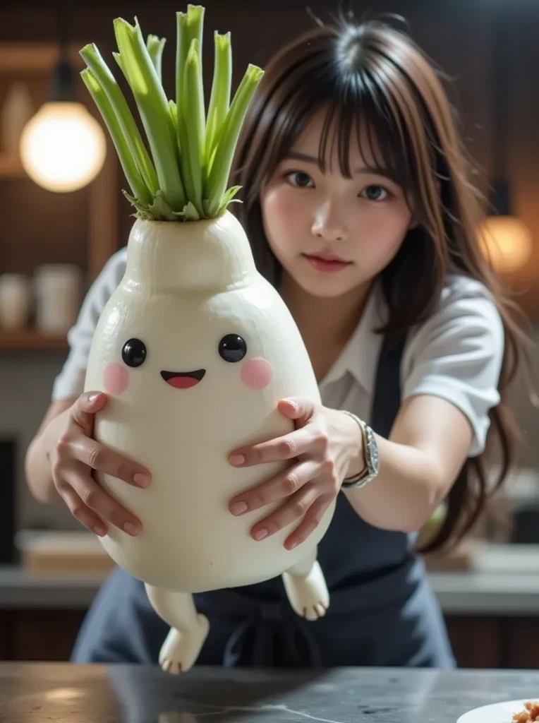 Daikon shaped to run away、daikon is shaped like running、Realistic daikon、woman trying to catch daikon、she wears casual clothes and an apron、The background is the kitchen、tense atmosphere、bright lights lined up at the bar、low shot、Dutch Angle